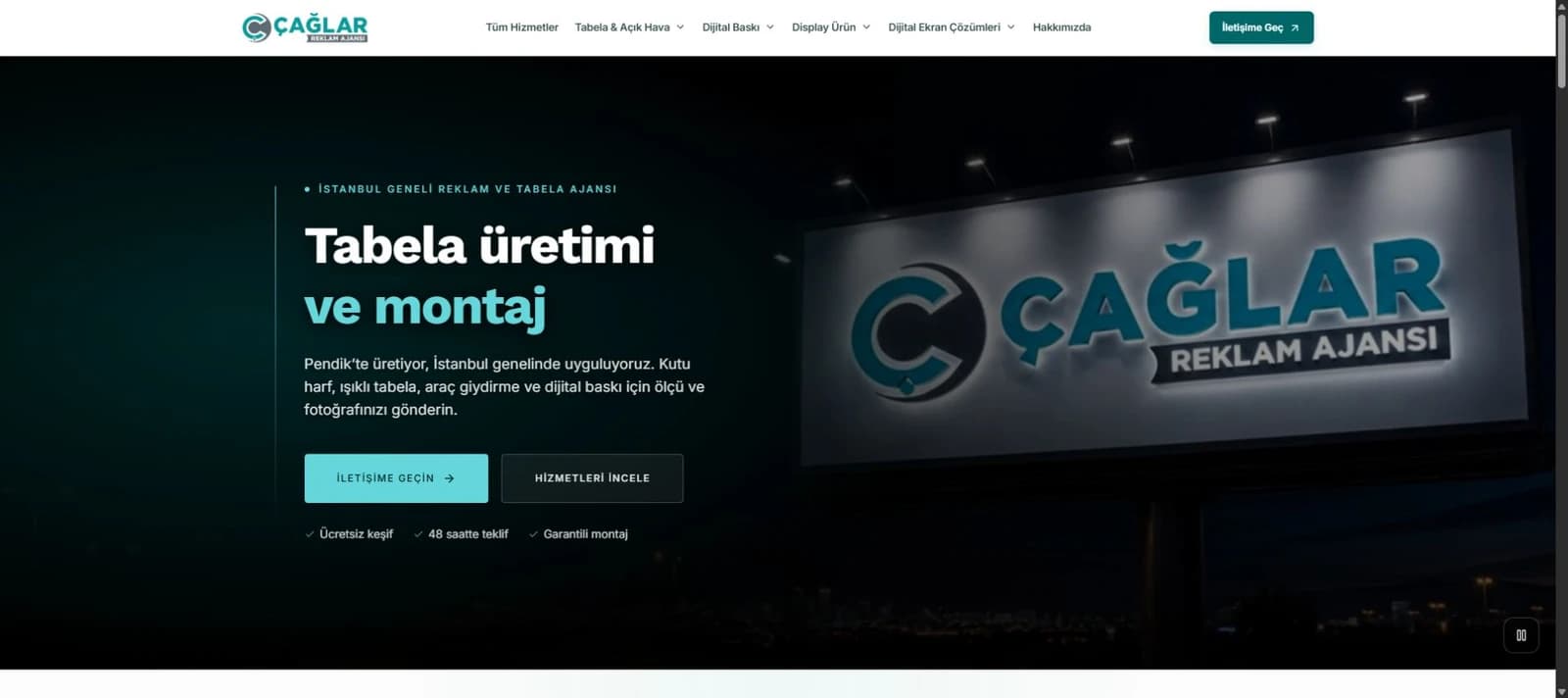 Çağlar Reklam Ajansı web sitesinin ana sayfası