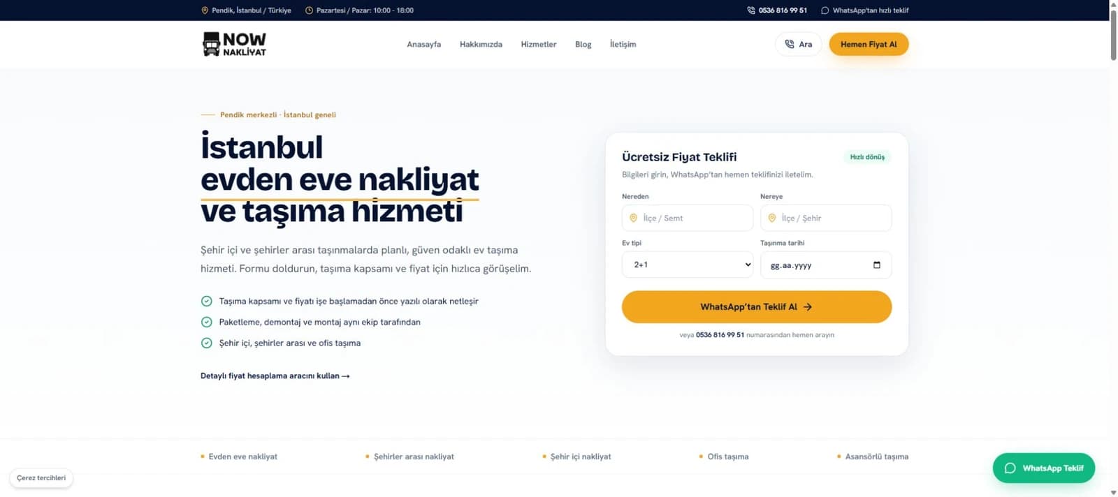 Now Evden Eve Nakliyat web sitesinin ana sayfası