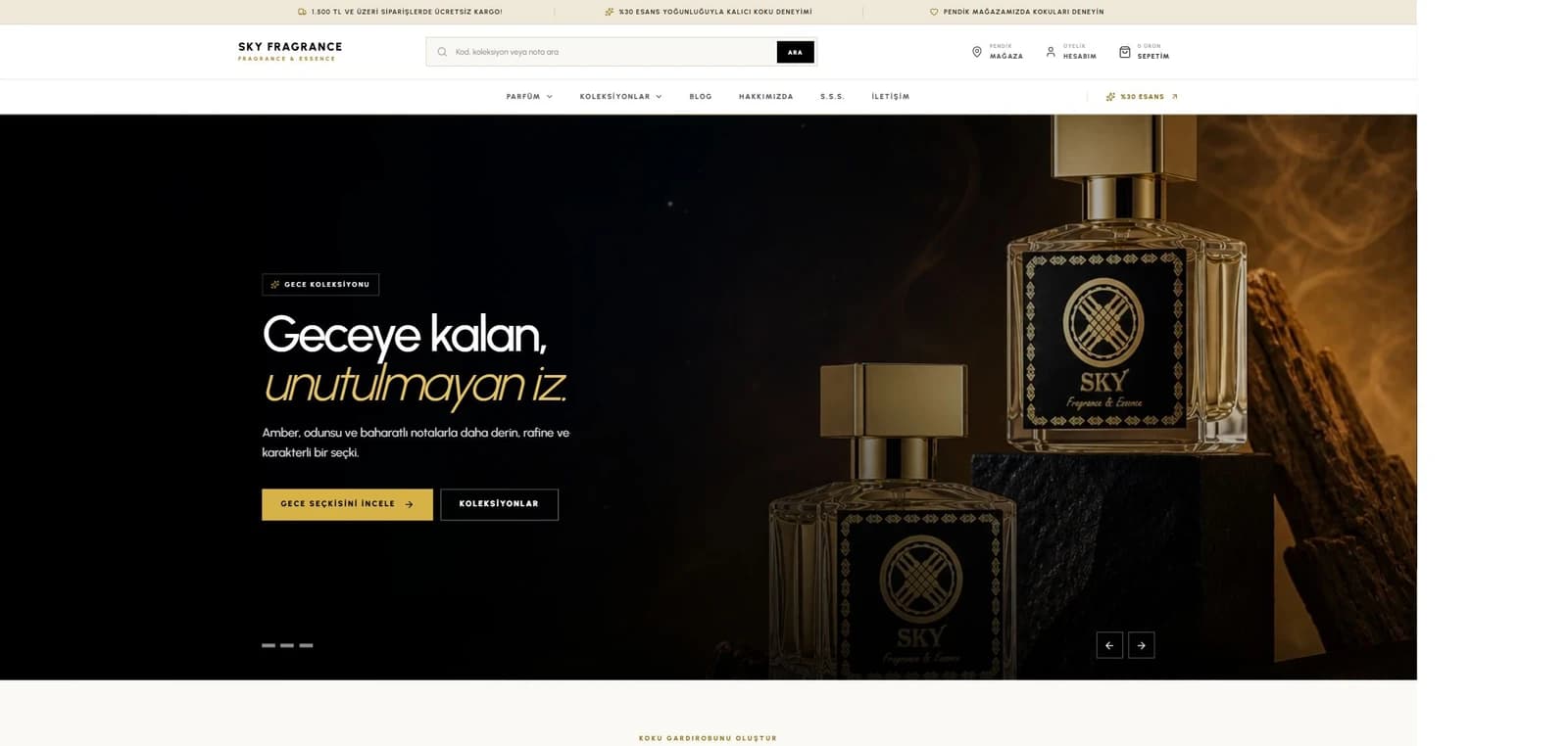 Sky Parfumes web sitesinin ana sayfası